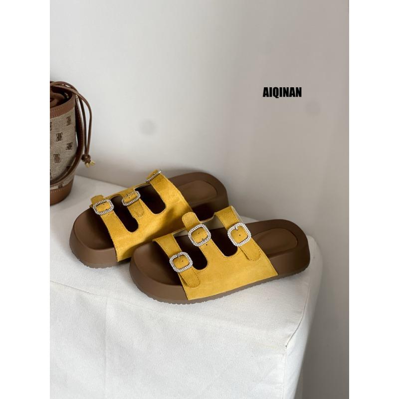 

Summer one-word drag new thick-bottomed lazy one-pedal half slippers to increase the height of casual muffin beach mop 35 жовтий