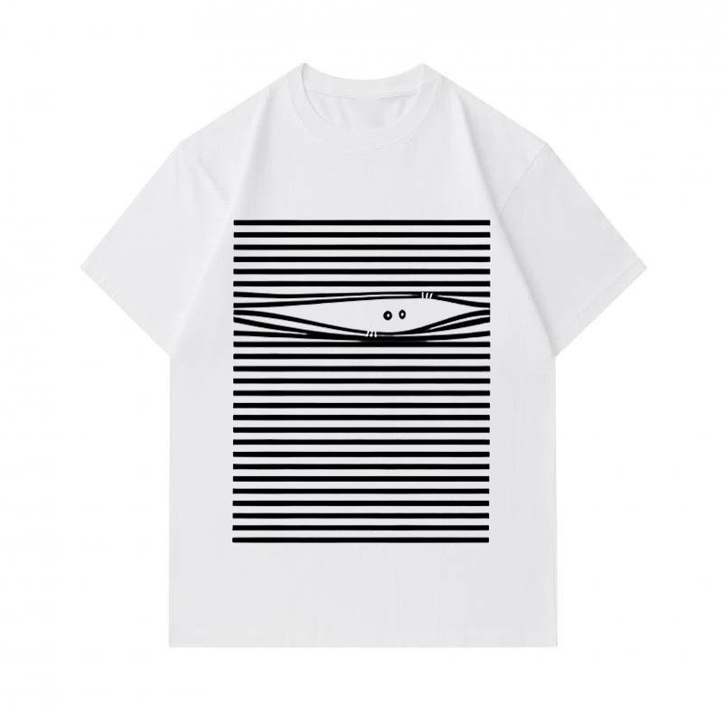 Men's 100% Cotton Crew Neck Short Sleeve T-Shirt, Minimal Striped Hidden Abstract Face Optical Illusion Print Casual Comfortable Daily Wear Summer Bre