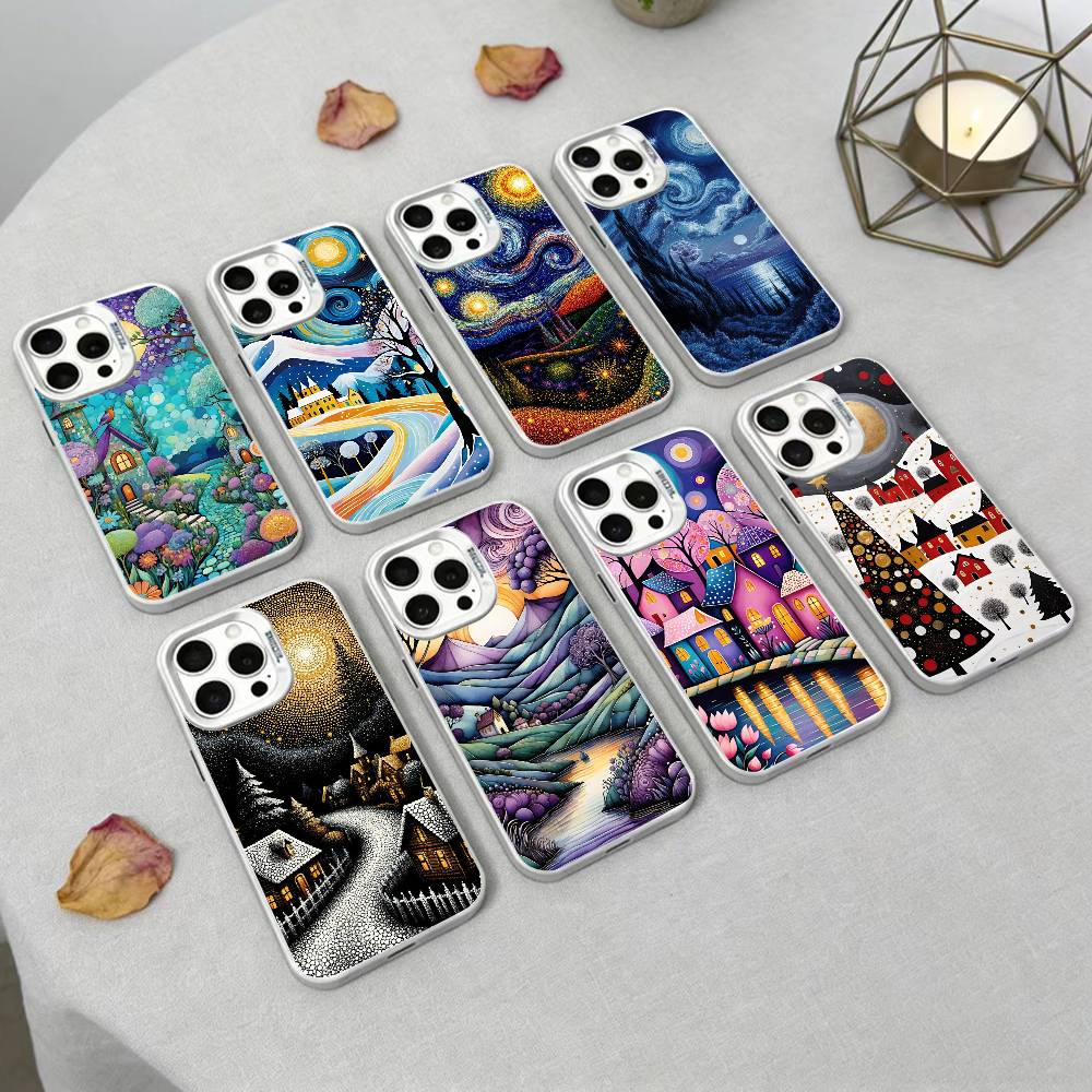 Whimsical Landscape Starry Night Phone Case For iPhone17, 16,15,14,13,12 Pro Max Black Candy Matte Shockproof Cover