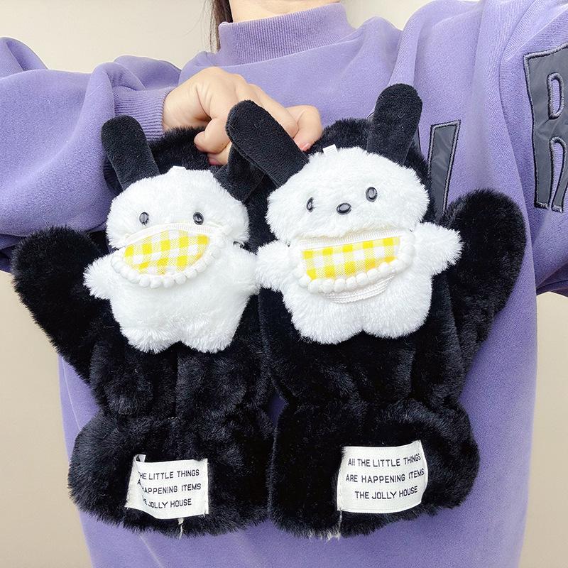 Women’s Cute Pacha Dog Winter Plush Gloves, Warm Velvet, Anti-Cold Outdoor Style for Students.