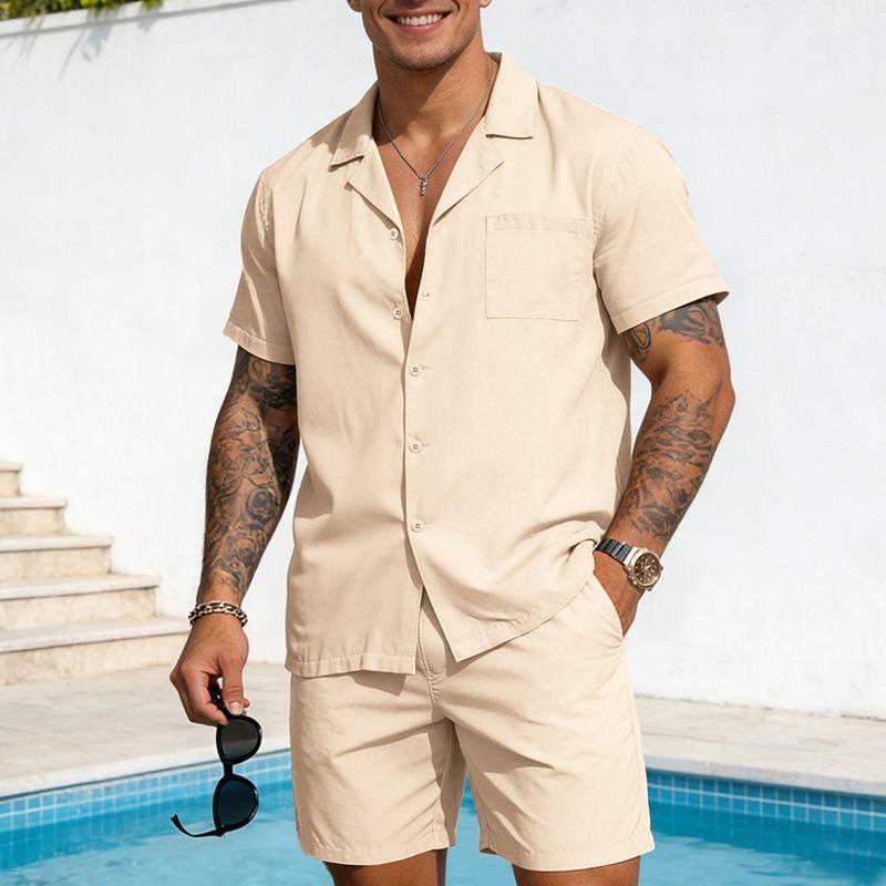 Conjunto Informal de Dos Piezas para Hombre: Camisa de Manga Corta con Solapa de Color Sólido y Pantalones Cortos