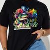 1pc Mardi Saurus Graphic Tee, Women'S Crew Neck T-Shirt, Casual Short-Sleeve Knit Fabric, All-Season Mardi Gras Dinosaur Print T