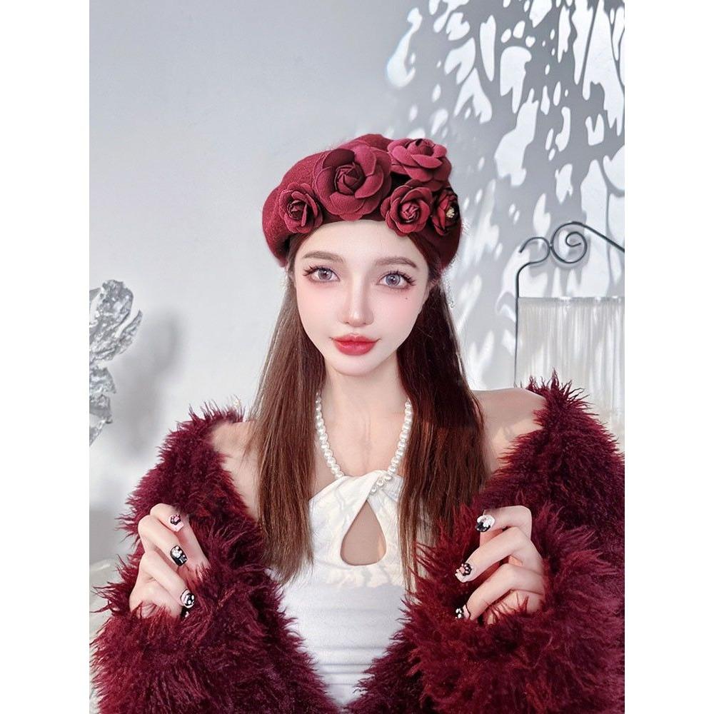 Herbst und Winter Dreidimensionale Kamelienblüten Wollbarett Ausländischer Stil Vielseitig Warm Knospenmalermütze Frau