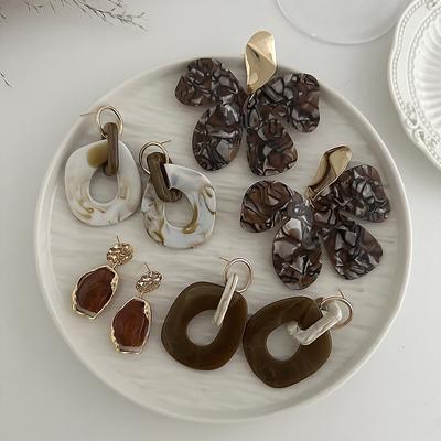 Exaggerated Leopard Print Large Flower Resin Stud Earrings, Retro Geometric Hollow Smudged Acrylic Earrings