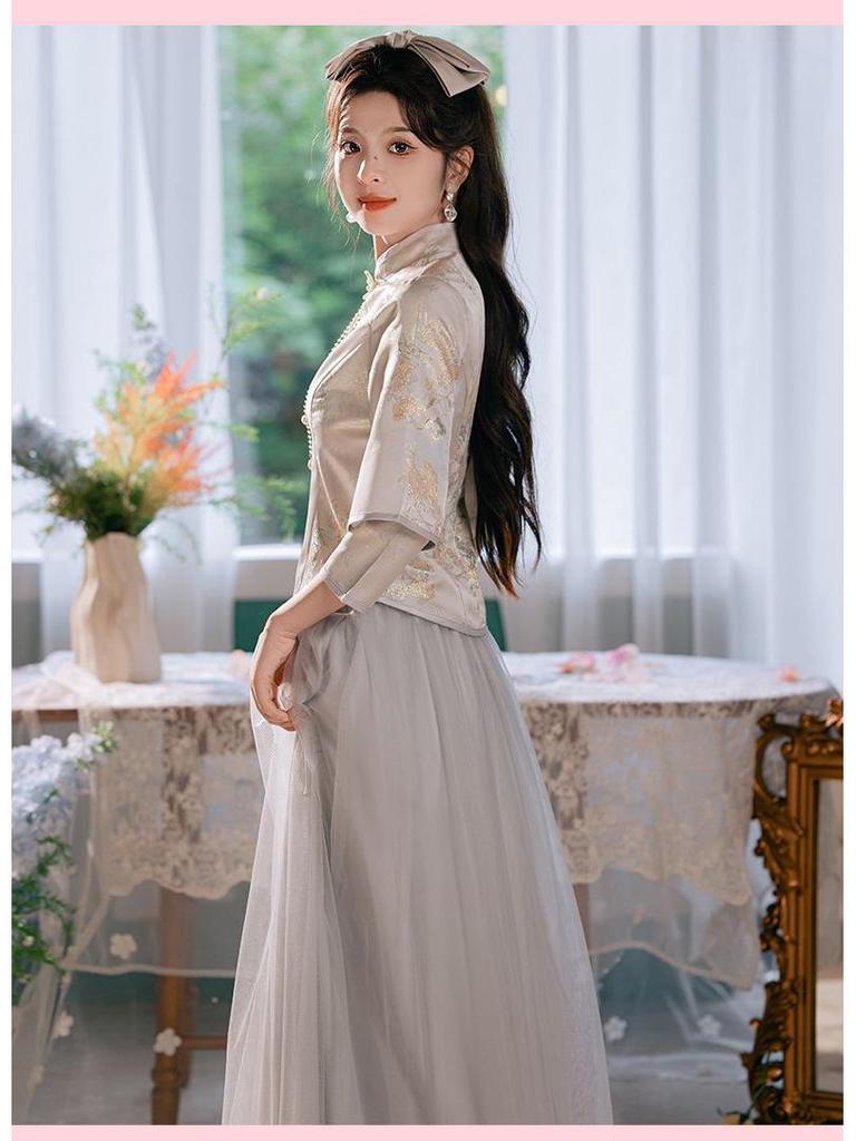 Gray Stand Collar Chinese Bridesmaid Dress 2024 Autumn/Winter - Petite Super Fairy Sisterhood Gown