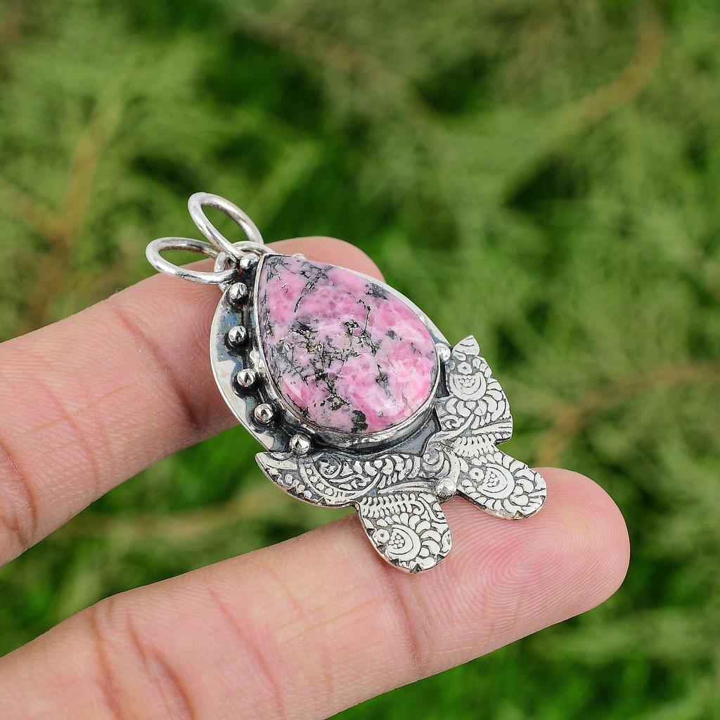 Daughters Day Deal 925 Silver Rhodonite Gemstone Bezel Birthday Pendant Jewelry