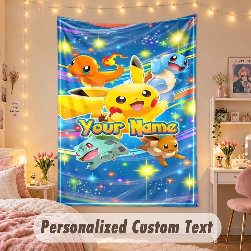 Custom Personalized Tapestry,Pokémon Print Custom Name Text Wall Art Hanging for Bedroom