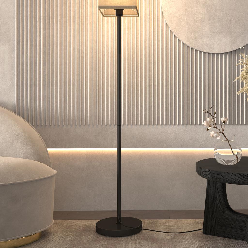 Modern Floor Lamp with Faux Linen Shade and Foot Switch, for Living Room and Bedroom, Metal, Black