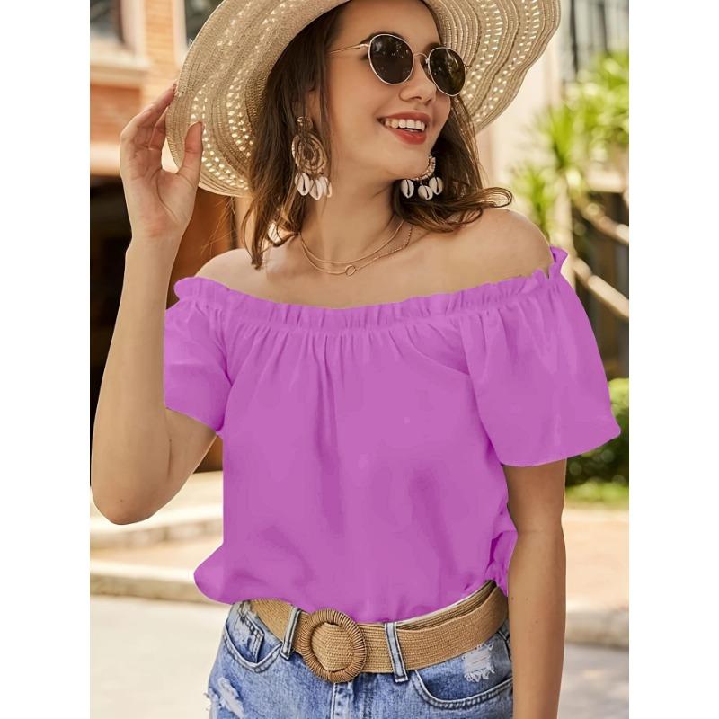 

Fashion Women Off The Shoulder Summer Blouse Puff Short Sleeve Ruffled Neckline Sweet Casual Tops for Women Solid Color Loose Fit Sweet Shirts Daily XXL лавандовий