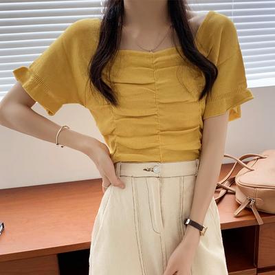 Summer Retro Short Top Dew Collarbone Slim Thin Short-sleeved Knit Shirt Female Casual Summer Essential Comfort and Style Slim Fit Pullovers Tees