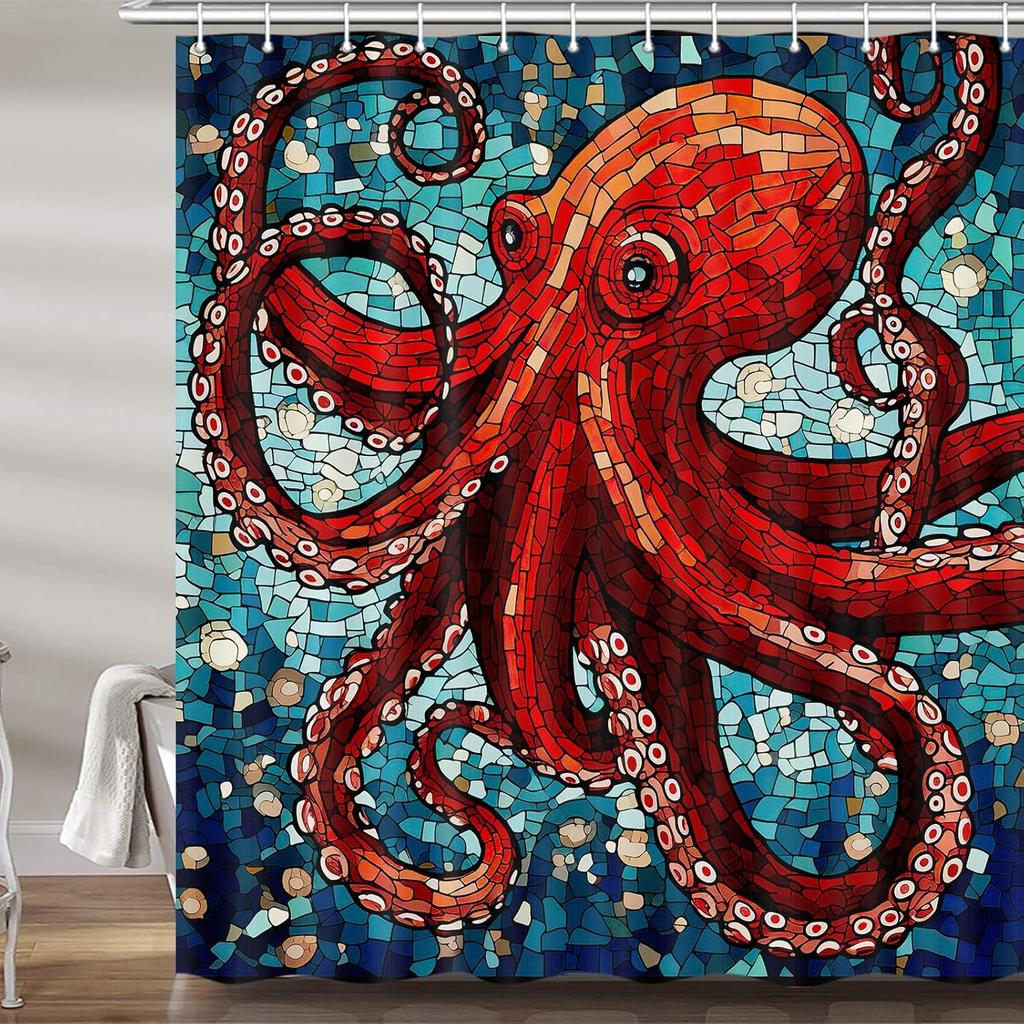 Oktopus Duschvorhang für Badezimmer, Cooles Ozean Nautisches Roter Kraken Stoff Dusch , Trippy Lustige Toiletten Dekor Zubehör