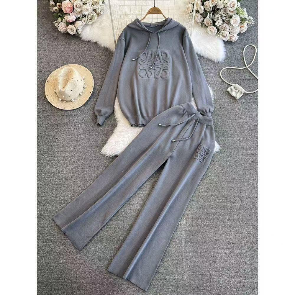 American 3D Heavy Industry Knit Hoodie & Wide-Leg Pants Set: Stylish, Simple Two-Piece