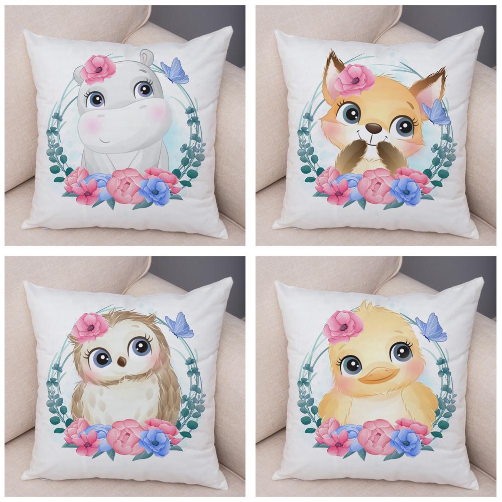 Cartoon Bird and Leaves Pillow Case Decor Cute Animal Lion Cushion Cover for Children Room Sofa Home Plush Pillowcase 45x45cm