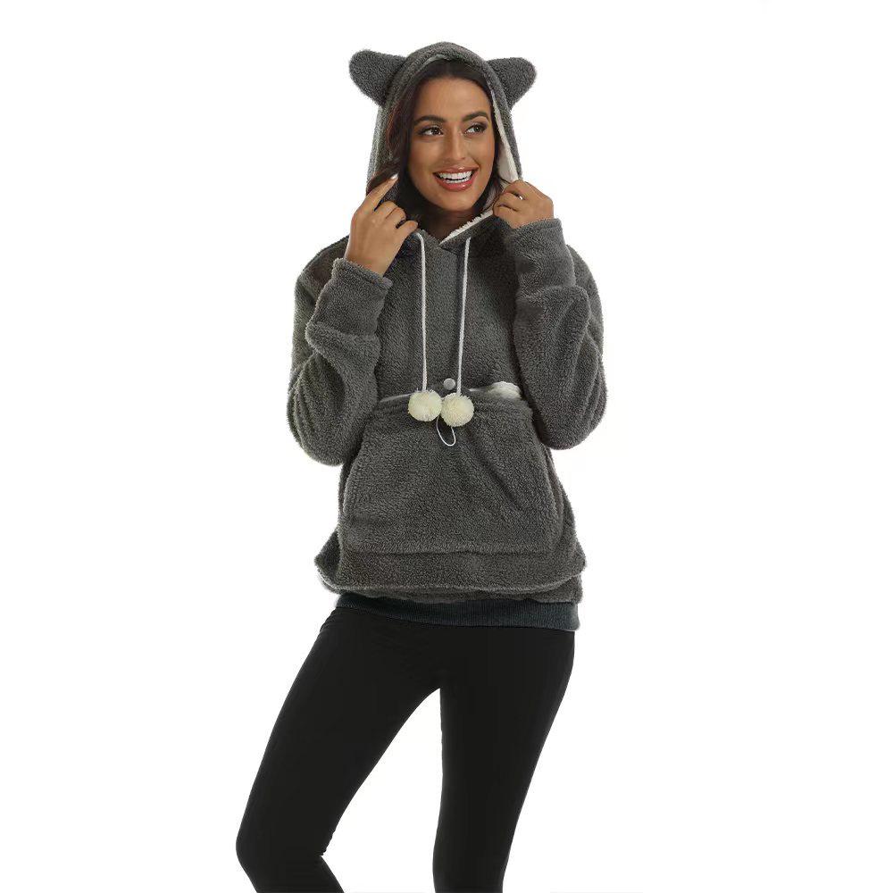 Solid Color Casual Hooded Sweatshirt: Winter Style, Plus Velvet, Thickened, Long Sleeve with Large Pocket.