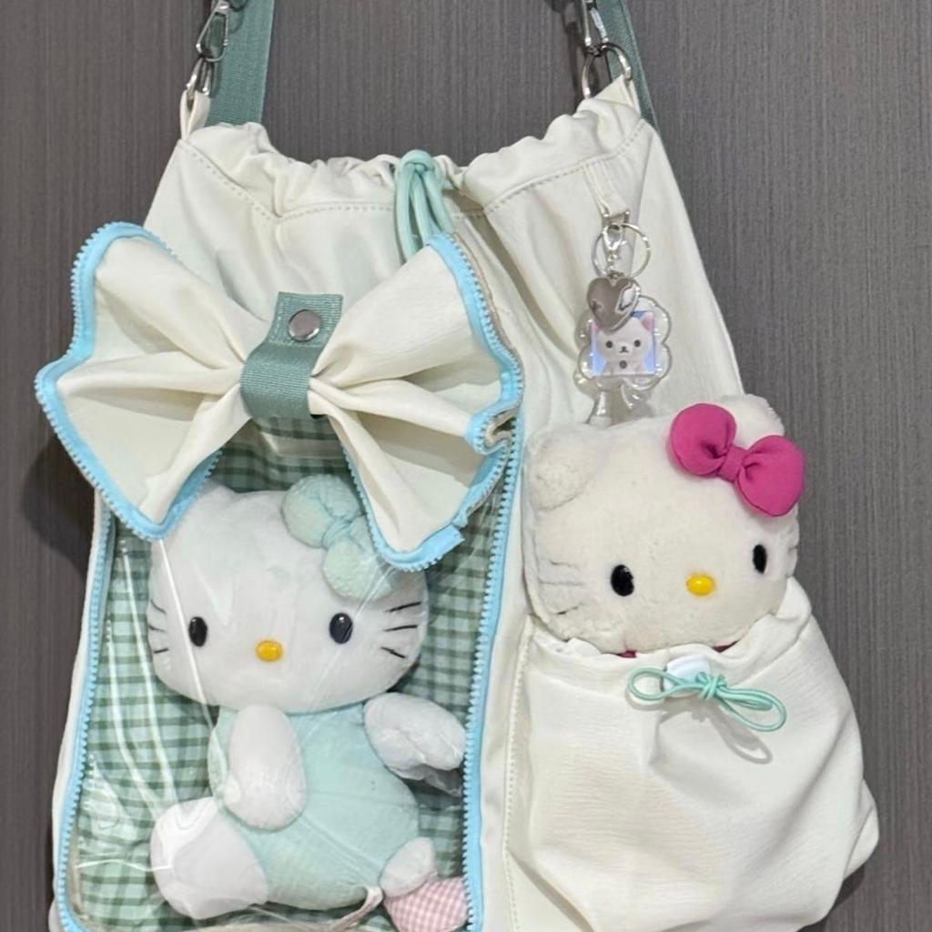 Cute Bow Backpack Ladies Drawstring Harajuku Aesthetic Ita Bag Female Wide Strap 20cm Doll Crossbody Large Capacity Cotton Bag