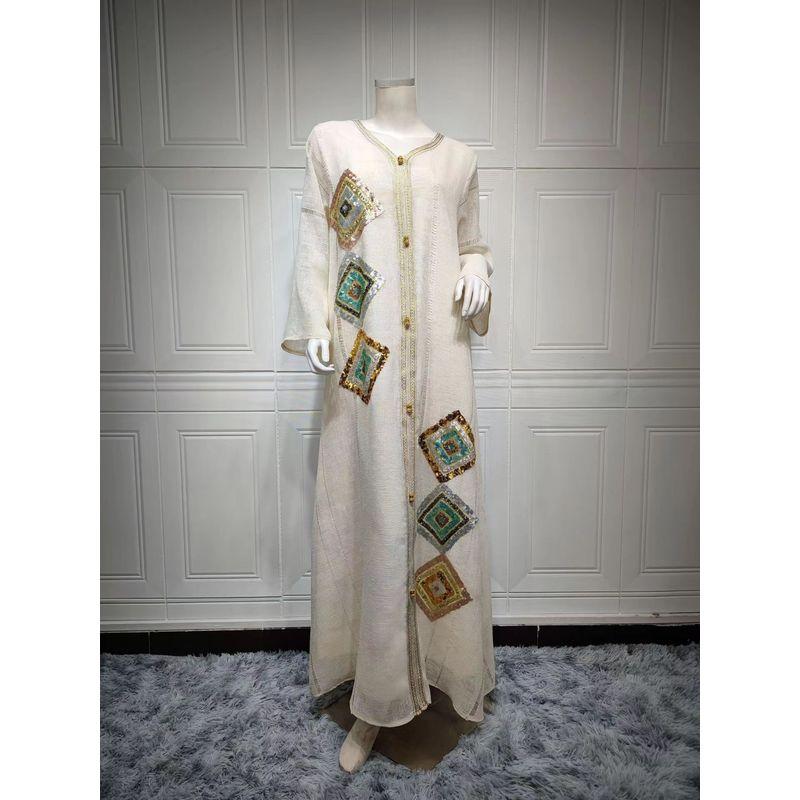 

Fashion Elegant Cotton Linen Sequin Embroider Dress Fashion Long Skirt Sequin Embroidered Dress Beige White M