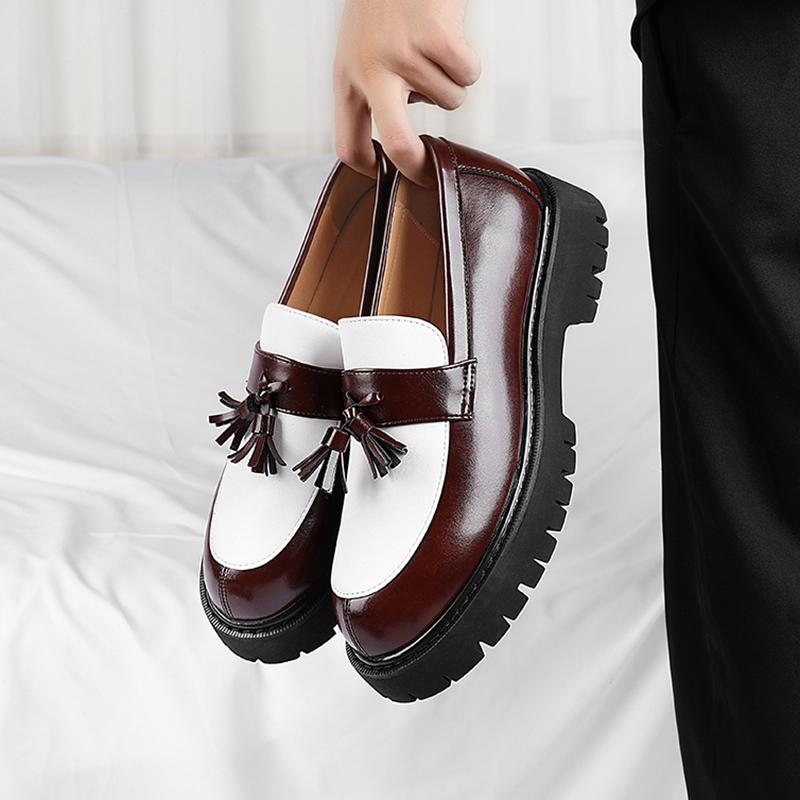 Men Business Casual Leather Shoes Thick Sole Tassel Loafers Platform Height Increase Fashion Comfortable Wedding Party Shoes