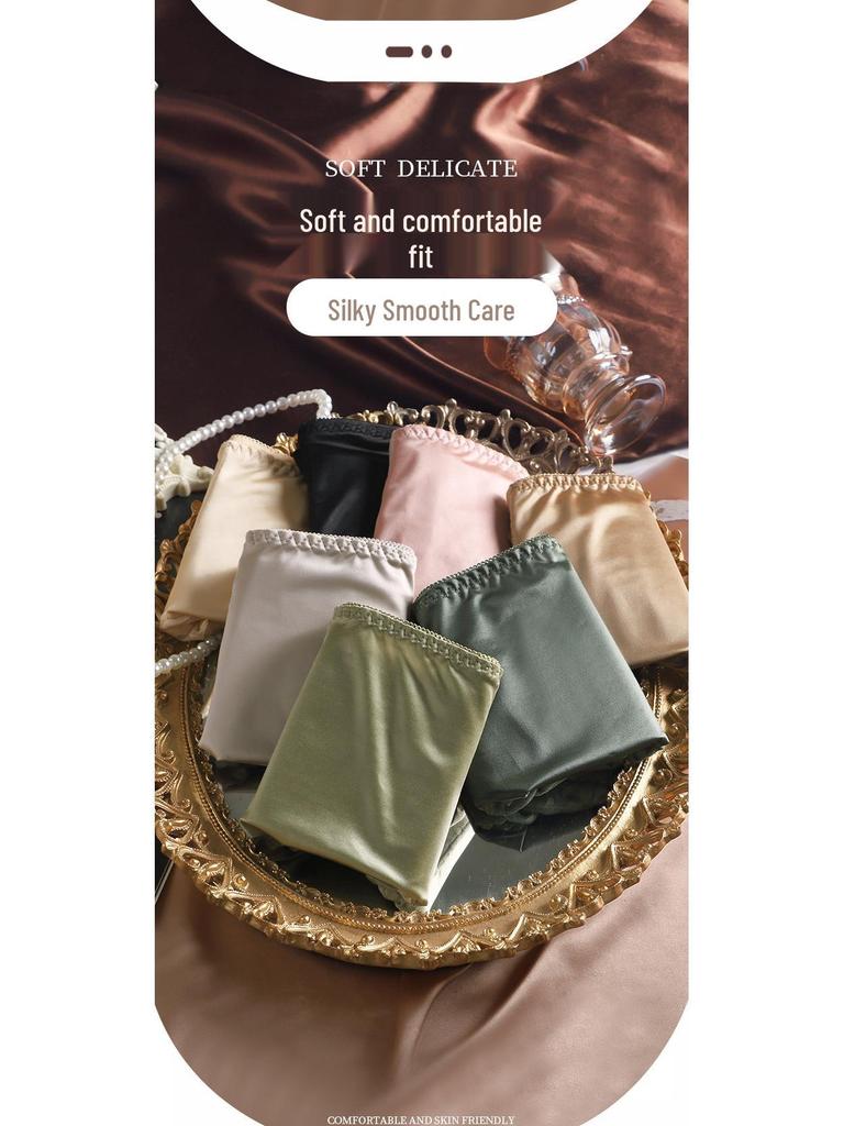 2024 Autumn/Winter Women's High-Waist Silky Satin Hip-Lifting Breathable Cotton Panties with Antibacterial Crotch