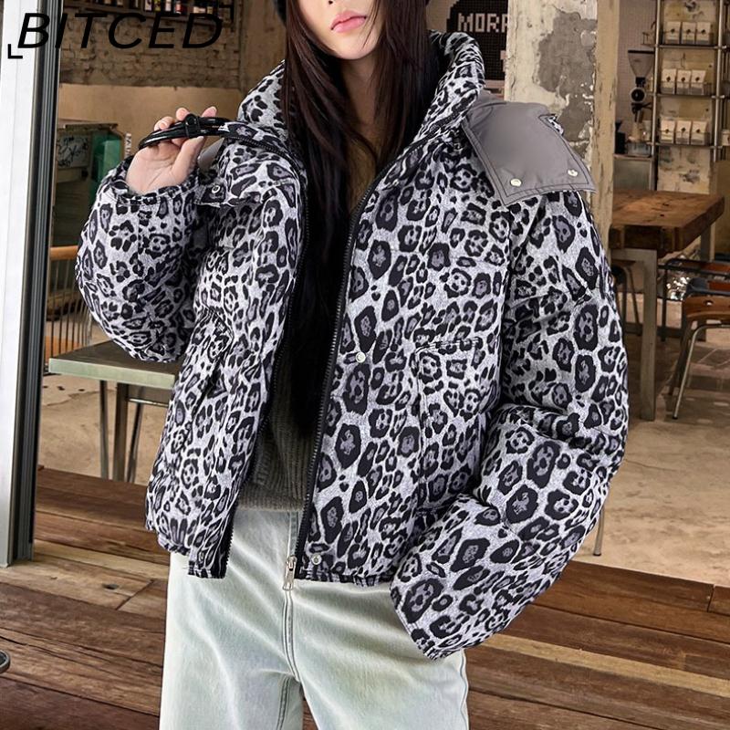 BITCED Short-Length Leopard Print Cotton Jacket for Women with Hood Minimalist Fashion Design, Oversized Fit, Unique Style Cotton Coat