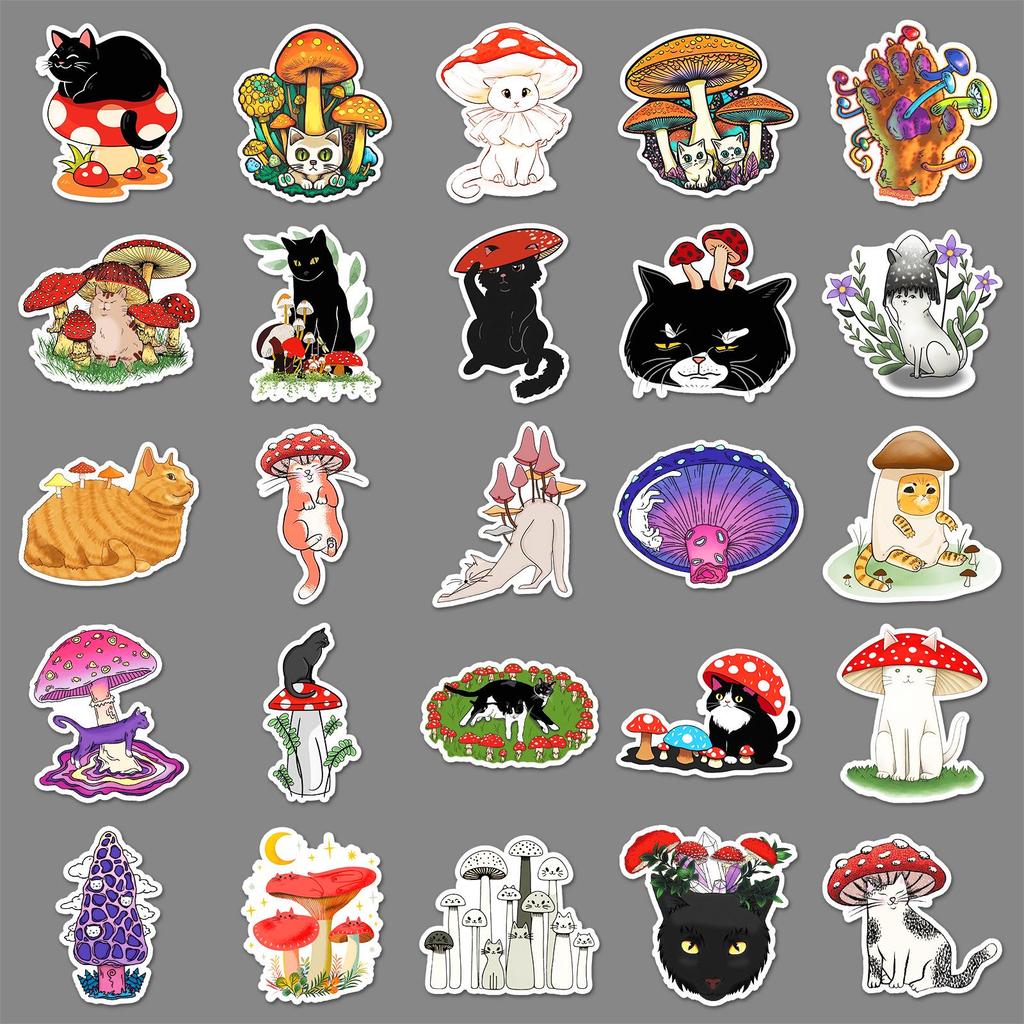 50 Cute Cartoon Cat & Mushroom Waterproof Stickers for Laptops, Thermos Cups, and Notebooks