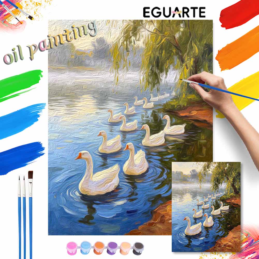 Oil Painting by Numbers Kit Hand Painting Home Decoration Paintings with White Swans on Lake Landscape Wall Art Decor 126 characters