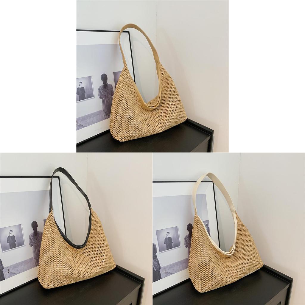 Retro Woven Tote Bag For Women Large Capacity Beach Shoulder Handbag With Magnet Closure