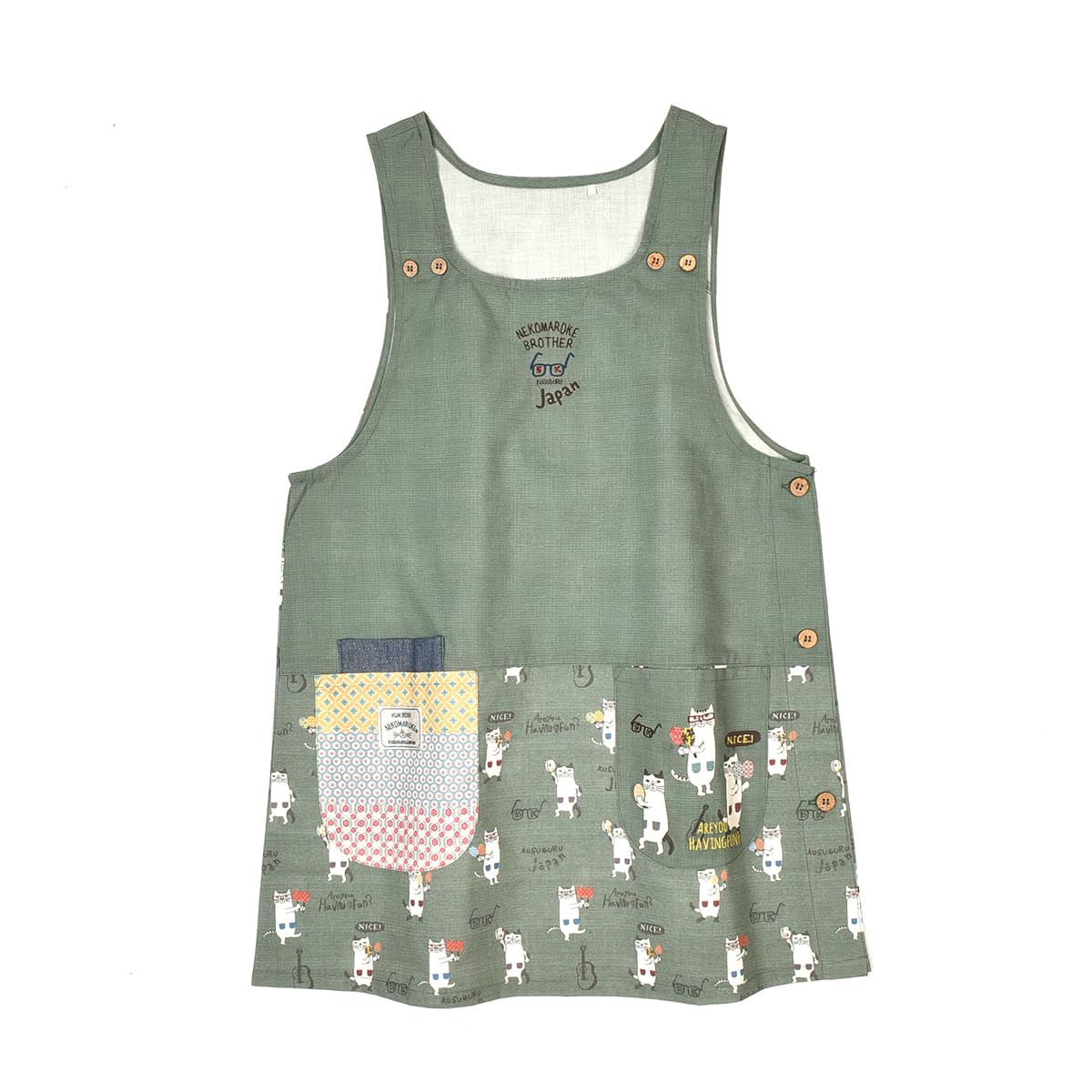 

Side button apron with cat pattern 258001 Green [Kusuguru Japan] M-L зелёный