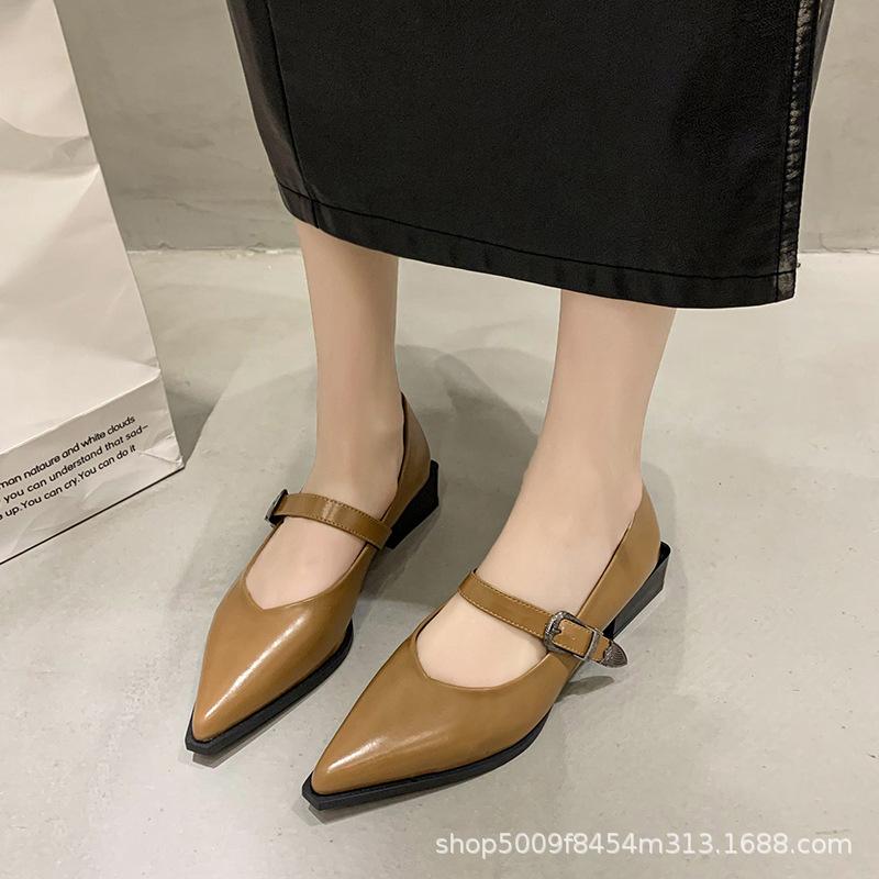 Fashion Fashion Versatile Coarse Heel Loafer Retro Pointed Mary Jane Leather Shoes Women British Black Korean Edition Zapatos De Mujer
