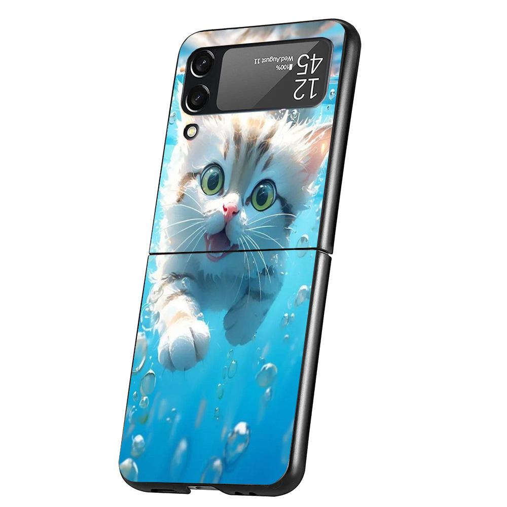 Cartoon Cute Cat Fish Aesthetic Cover Phone Case For Samsung Galaxy Z Flip 7 6 5 4 3 5G Flip7 Flip6 Flip5 Flip4 Flip3 Black Fund