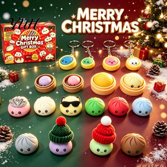 Holiday Countdown Box Merry Christmas Dumpling Gift Box, Xmas Advent Calendar with Stress Relief Toy Squeeze Toys, 24 Days Steamed Bun