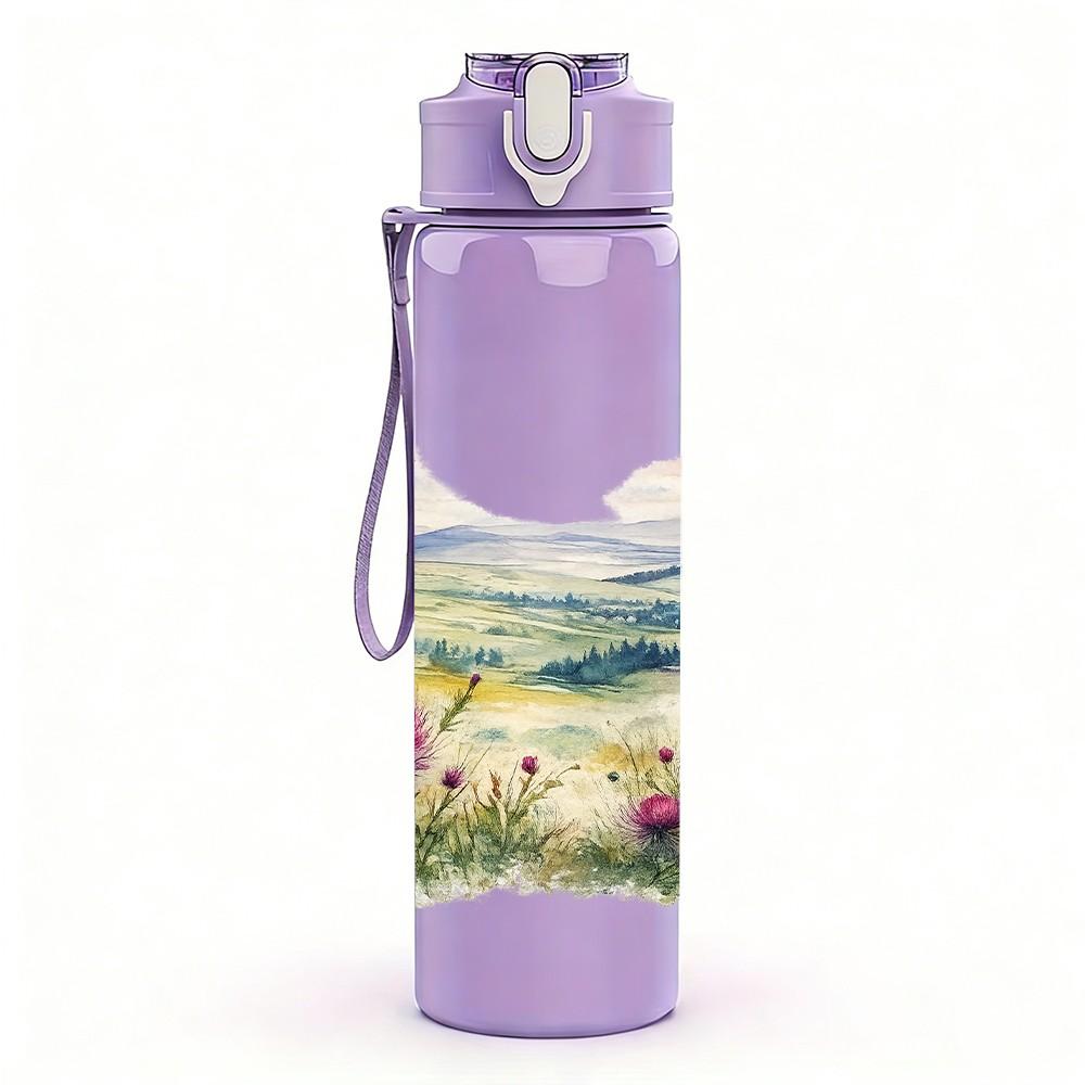 1PC Soft Pastel Mountain Lake Landscape Print 750ml Color Plastic Sports Water Bottle Leakproof Flip Straw Lid Suitable for Sports Office Home Use