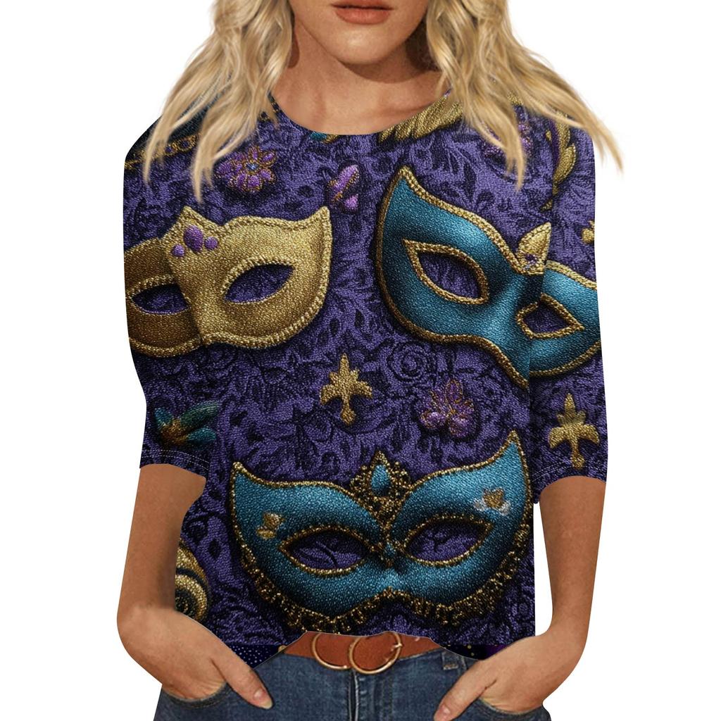 Dámský módní ležérní top s tříčtvrtečním rukávem a karnevalovým potiskem u krku