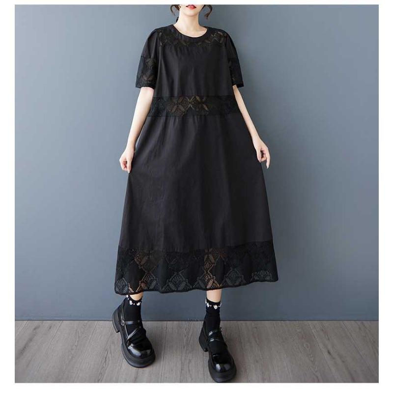 Damen Spitzen-Ausschnitt Patchwork Kleid, Modisches lockeres Hemd, Langer Rock