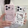 Korean Pink Big Head Hellokitty Leather Phone Case for iPhone 17 Pro Max 14 15 16 Pro Max Fundas Cute Cartoon Protective Cover