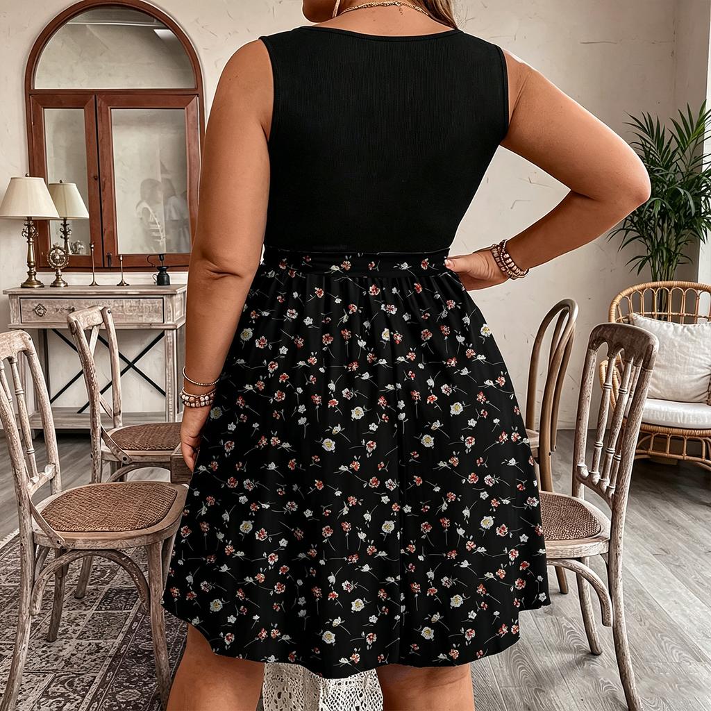 Plus Size Sleeveless Dress Casual Waist Tie Floral Print Patchwork Summer Dress for Women Fashion Trendy Comfortable Fit