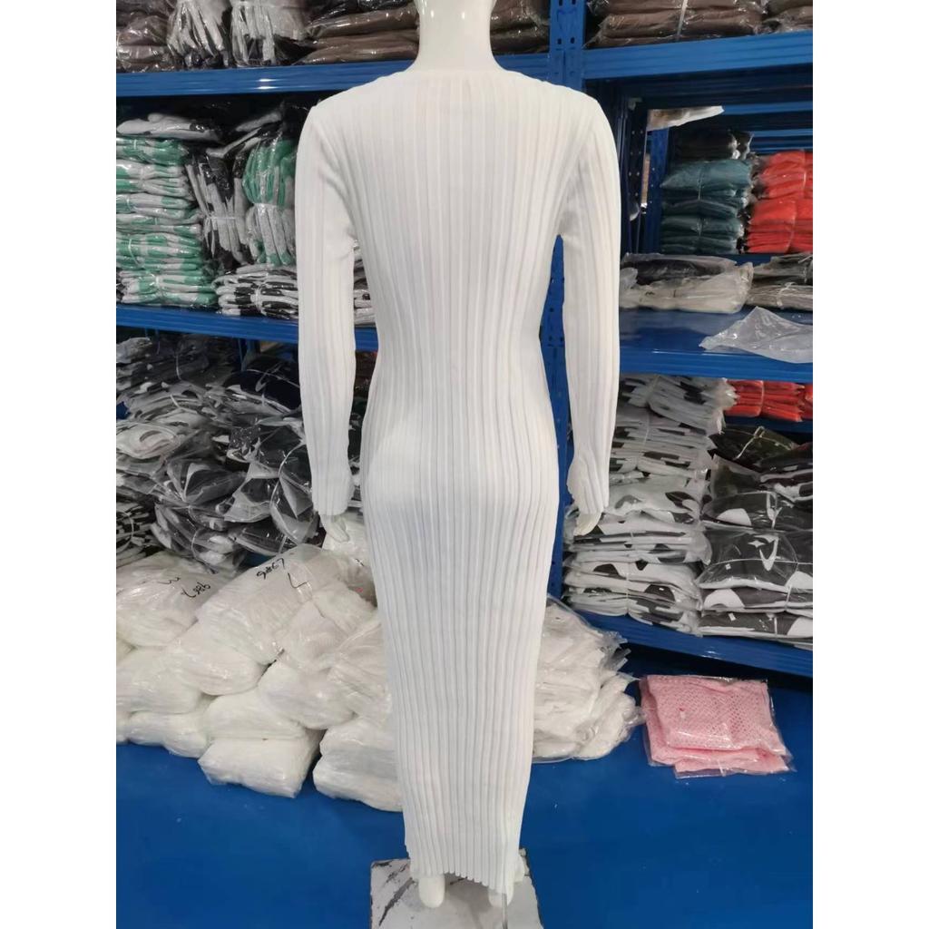 Knitted, Dress, Casual, Waist Cinching, V-neck, Striped, Knitted Long Skirt, Women's