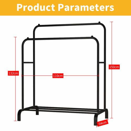 UDEAR Freestanding Garment Rack with Double Rods, Multifunctional Bedroom Clothes Rack, 110*54*150 cm, Black