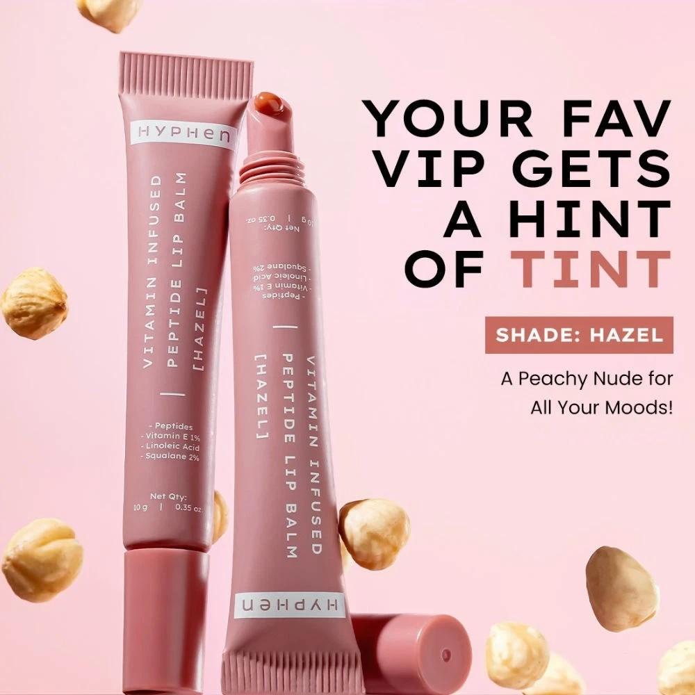 Hyphen Tinted Lip Balm - Hazel, 1% Vit E, 2% Squalane & Peptides, Brightens 10g