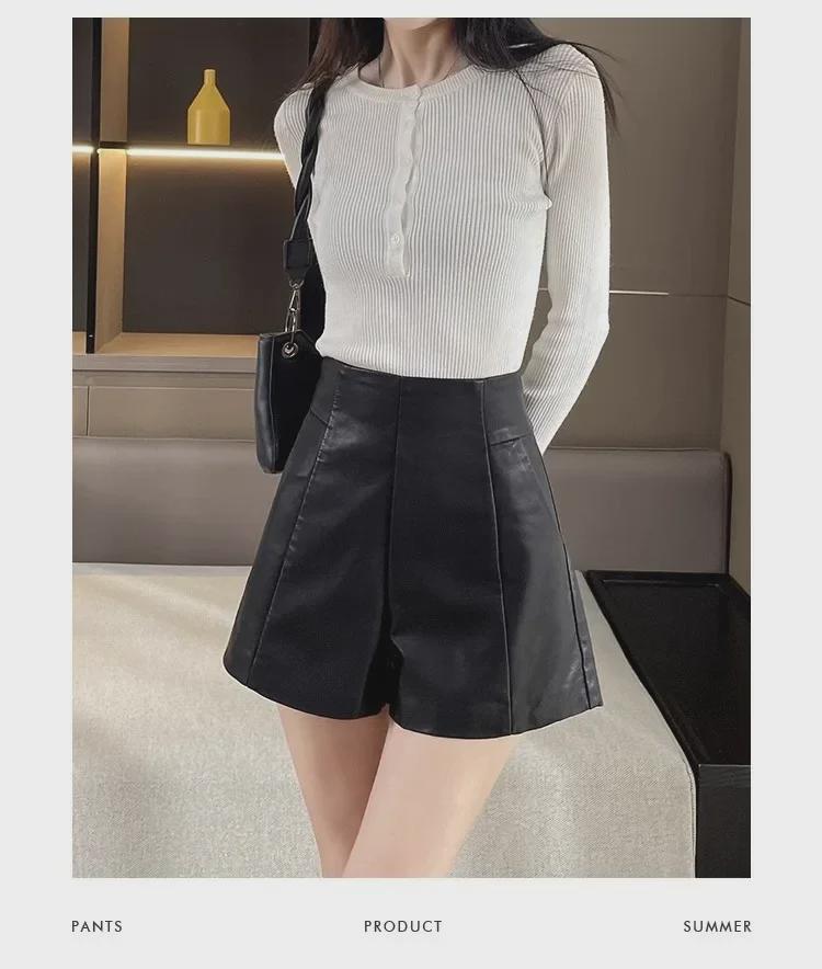 2024 Women's High-Waist PU Leather A-Line Wide-Leg Shorts for Autumn & Winter - Versatile Outdoor Wear