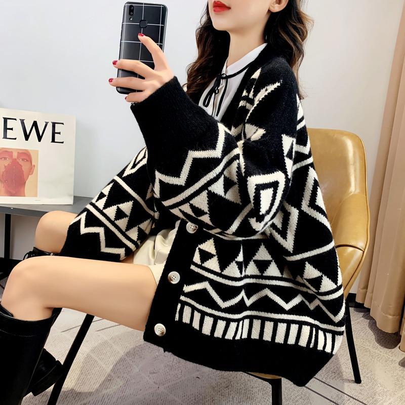 V Neck Knitted Cardigan Sweater Jacket Women's Spring Autumn Winter Long Sleeve Thickened Loose Outer Wear Coats Office Casual Simple Clothing
