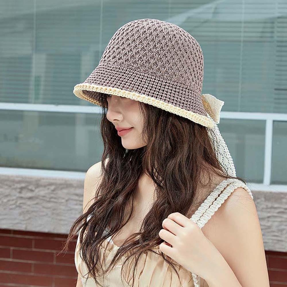 Breathable Sunshade Basin Cap Hollow Out Bow Fisherman Hat Visor Cap Knitted Bucket Hat  Daily