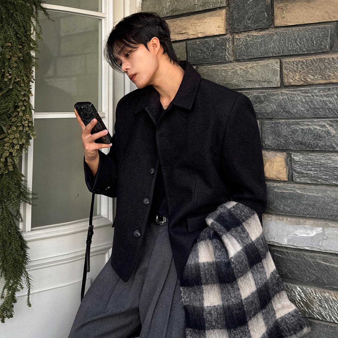 

BJ Men s Winter French Lapel Wool Jacket - Thick, Stylish Korean-Inspired Commuter Coat Large чорний