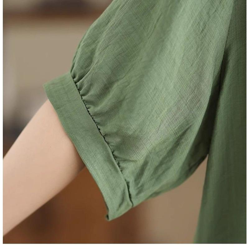 Plus Size Women Loose Embroidered V Neck Three Quarter Sleeve Casual T Shirt Top