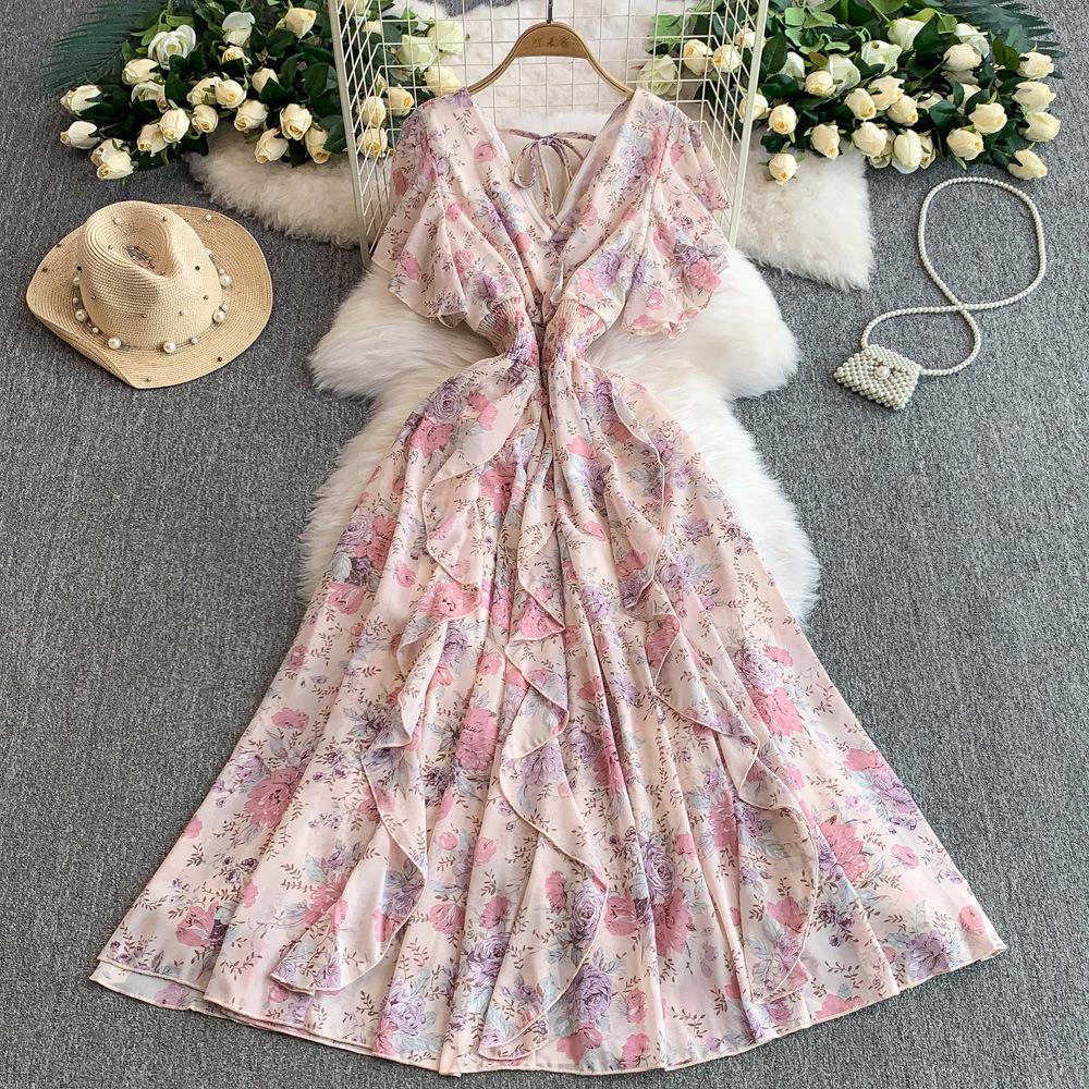 French Retro Coffee Break Floral V-neck Short-sleeved Dress for Women's Summer Waist and Thin Ruffle Edge Big Swing Long Skirt