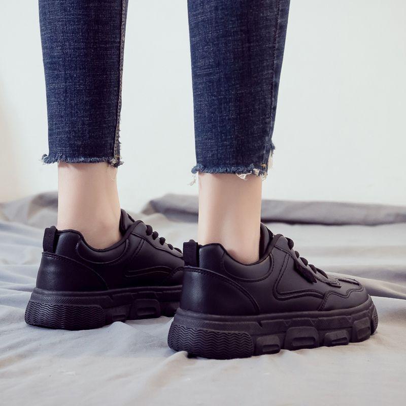 Black Sports Shoes Leather Daddy Shoes for Women