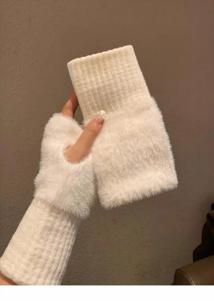 Soft Winter Half Finger Gloves Women Warm Solid White Plush Knitted Fingerless Gloves Wrist Mittens Writting for girls Students