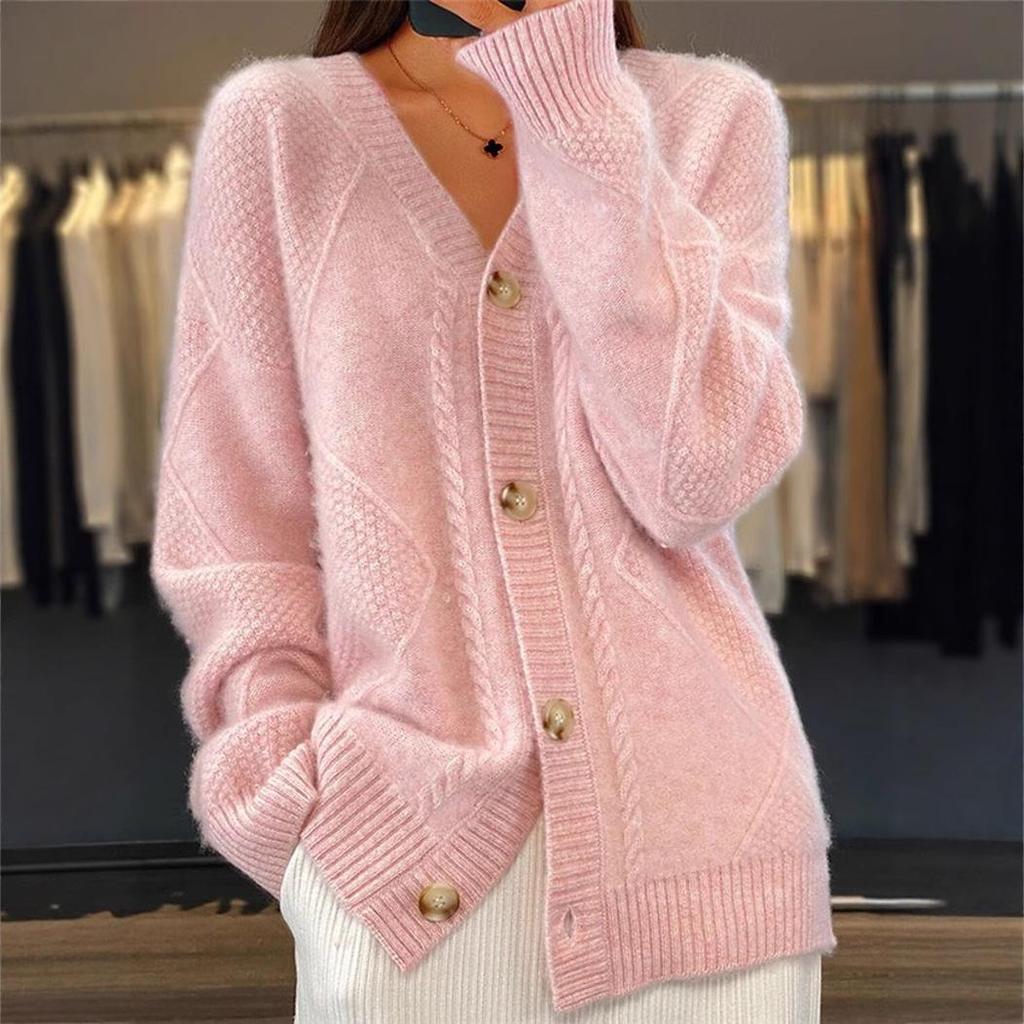 Women's Cable Knit Textured V Neck Long Sleeve Cardigan Solid Color Loose Knit Sweater Coat