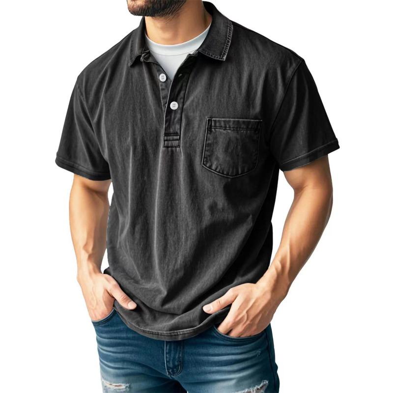 Mens Casual Washed Denim Short Sleeve Polo Shirt With Pocket S