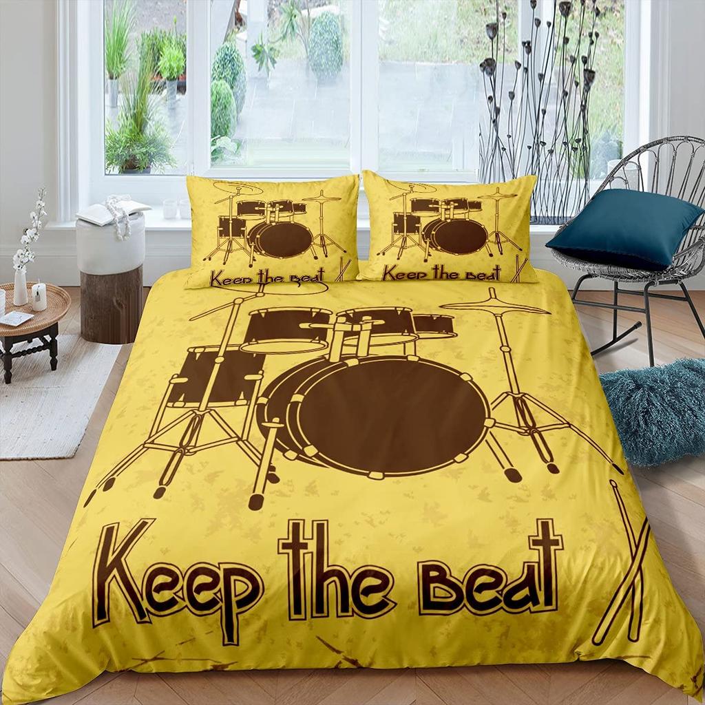 Rockmusik Weiß und Schwarz Bettbezug Doodle Zeichnung Skizze Schlagzeuger Musikalische Inspirationen Monochromes Arrangement Dekorativ Kinder