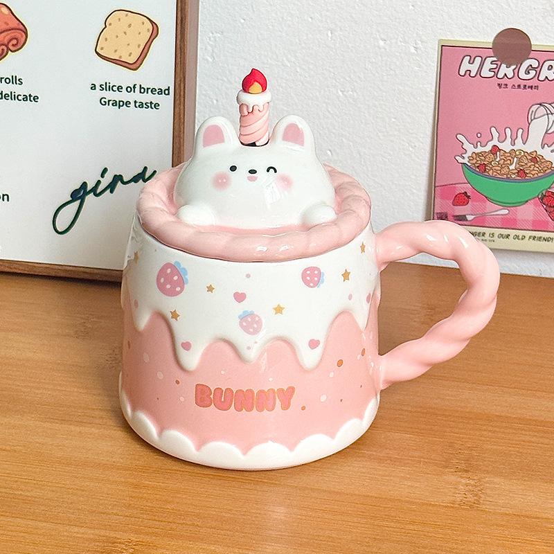 Ceramic Mug with Lid Cartoon Birthday Gift Cup for Women Office Coffee Cup Household Water Cup Creative Gift Box